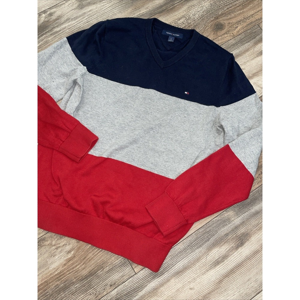 Tommy Hilfiger Mens Sweater Size XL Long Sleeve Red V Neck Premium Cotton